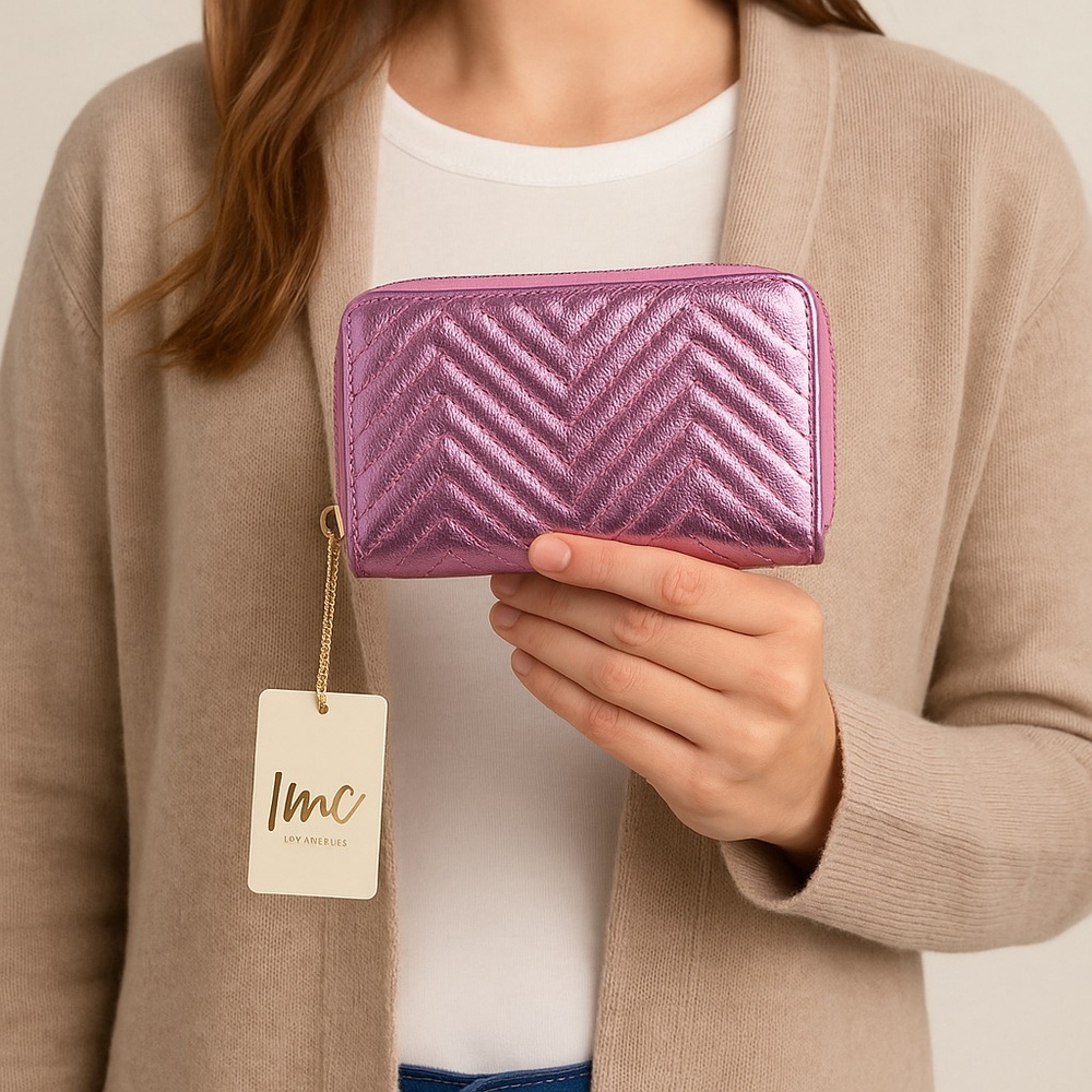 NWT IMO Vegan Pink Metallic Chevron Zip Around Wallet Quilted Wristlet - Picture 2 of 11